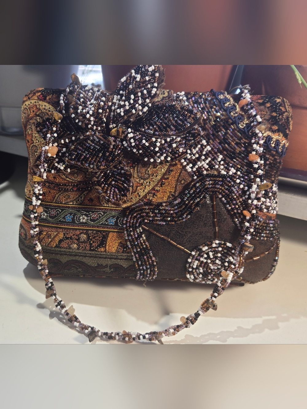 Pretty Beaded Flower Clutch Hand Bag with Strap